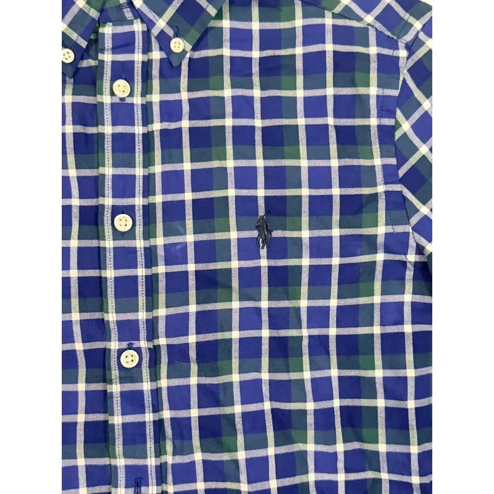 Ralph Lauren Boys L 14-16 Blue Green Plaid Button Down Long Sleeve Shirt Pony